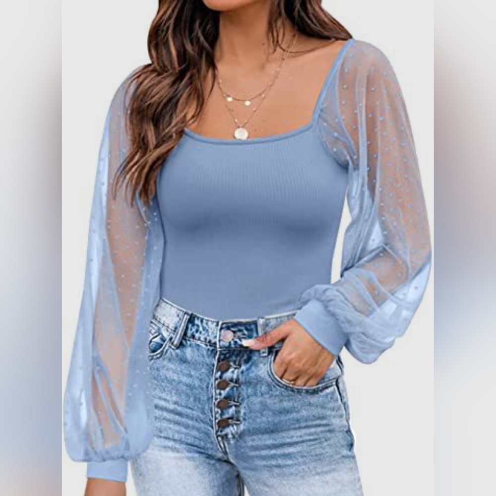 Polka Dot Square Neck Lantern Sleeve Blouse